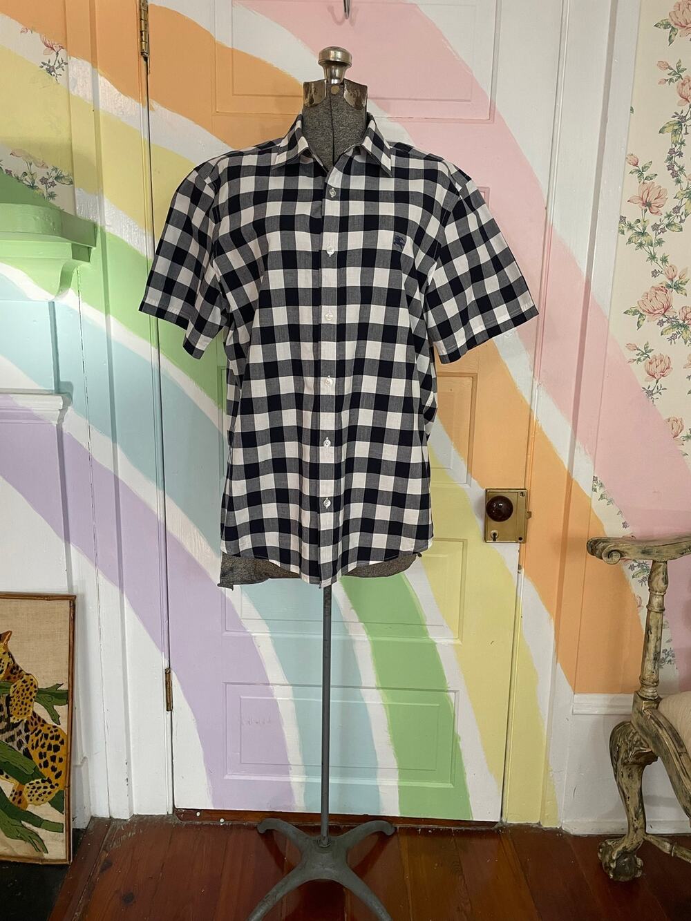 Burberry Brit Men's L Navy White Gingham Check Short Sleeve Cotton Shirt